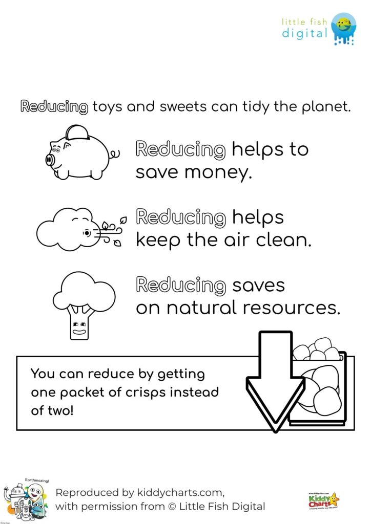 This image is promoting reducing consumption of toys and sweets to help keep the planet tidy, save money, keep the air clean, and conserve natural resources.