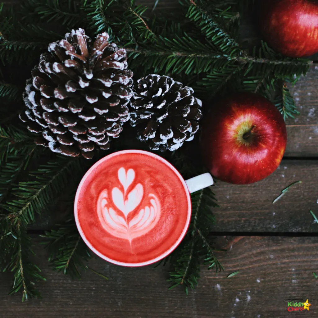 A red apple hangs from a Christmas tree, adding a festive touch to the plant.