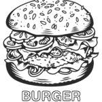 A cartoon illustration of a fast food burger is drawn in ink and surrounded by text on a clipart background.