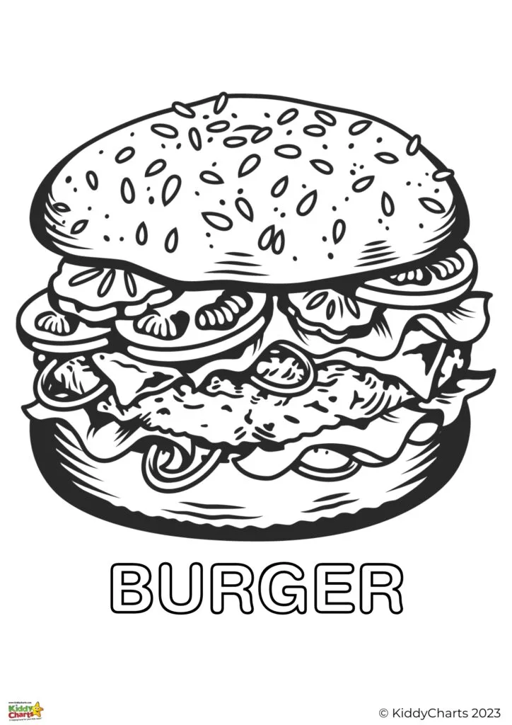 A cartoon illustration of a fast food burger is drawn in ink and surrounded by text on a clipart background.