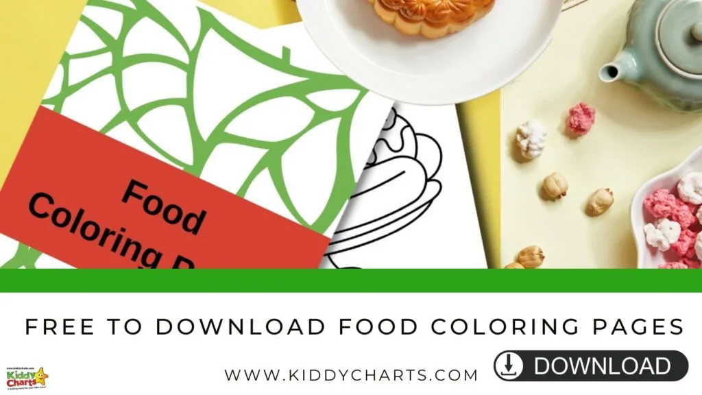 This image is promoting the free download of food coloring pages from the website Kiddy Charts.