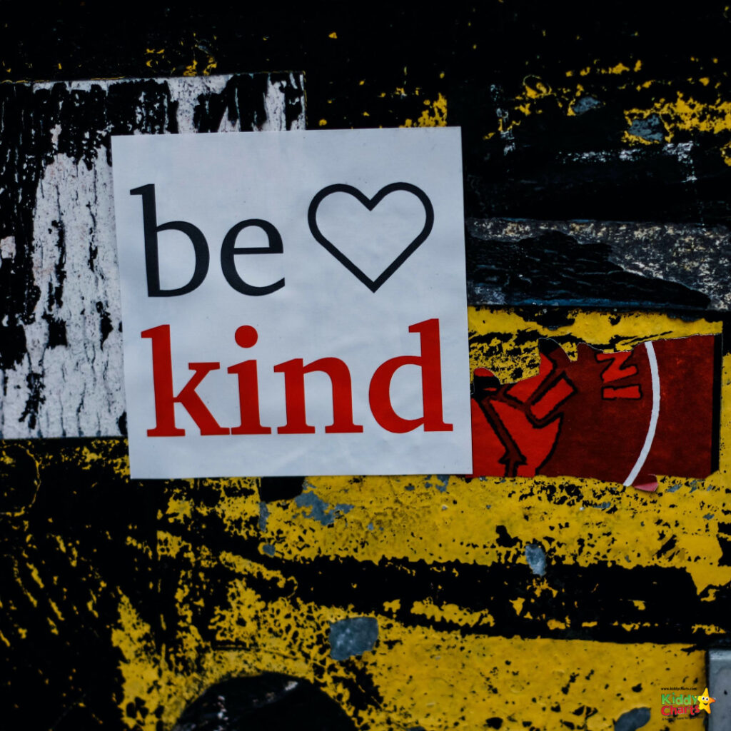 The image shows nine charts being used to teach children the importance of being kind.