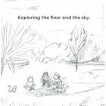 This image is a page from a children's book, featuring a story about exploring the floor and sky.