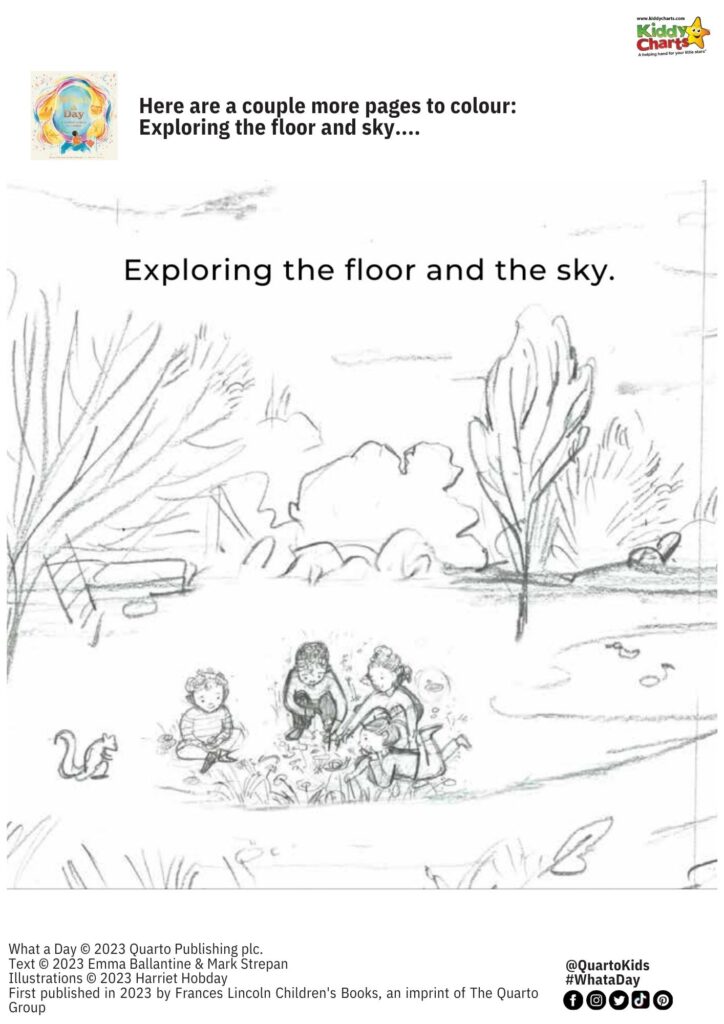 This image is a page from a children's book, featuring a story about exploring the floor and sky.