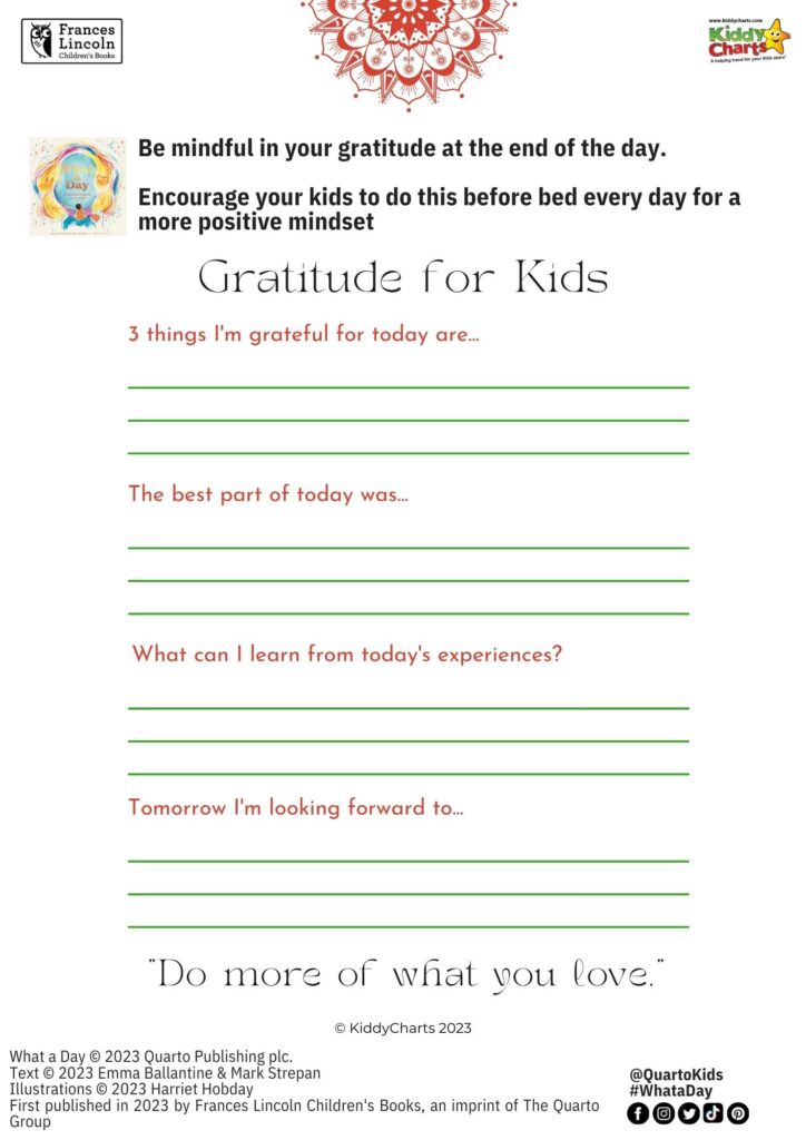 Frances www.kiddycharts.com Kiddy Lincoln Charts Children's Books A helping hand for your little stars* Be mindful in your gratitude at the end of the day. Day Encourage your kids to do this before bed every day for a more positive mindset Gratitude for Kids 3 things I'm grateful for today are ... The best part of today was ... What can I learn from today's experiences? Tomorrow I'm looking forward to ... "Do more of what you love.' @ KiddyCharts 2023 What a Day @ 2023 Quarto Publishing plc. Text @ 2023 Emma Ballantine & Mark Strepan Illustrations @ 2023 Harriet Hobday @QuartoKids #WhataDay First published in 2023 by Frances Lincoln Children's Books, an imprint of The Quarto 4 Group.