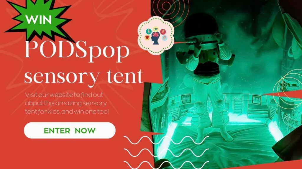 This image is promoting a contest to win a sensory tent for kids by visiting a website.