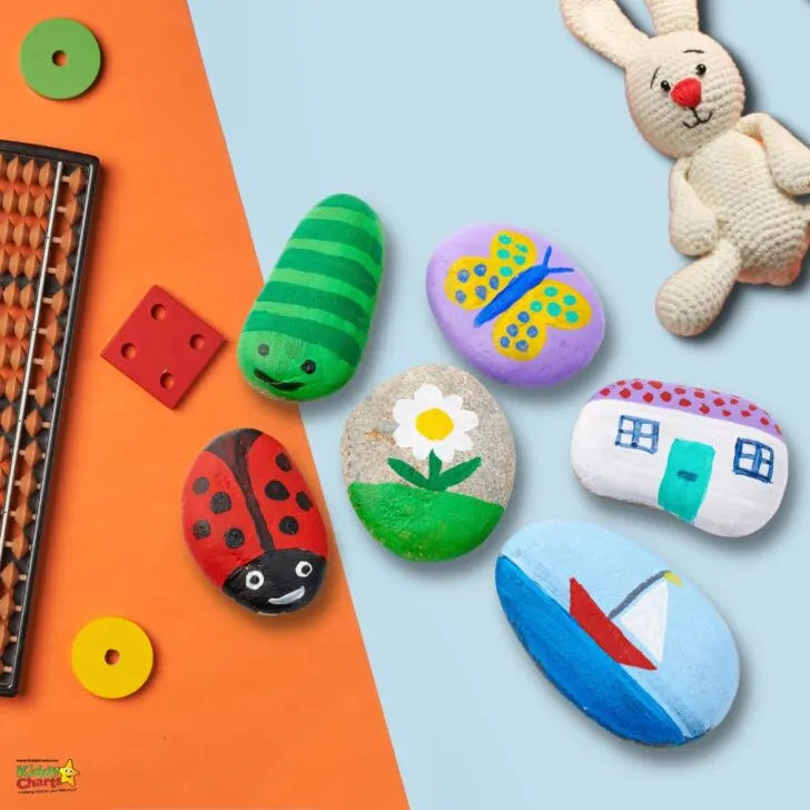 A handmade craft of a cartoon rabbit surrounded by baby toys celebrates Easter.