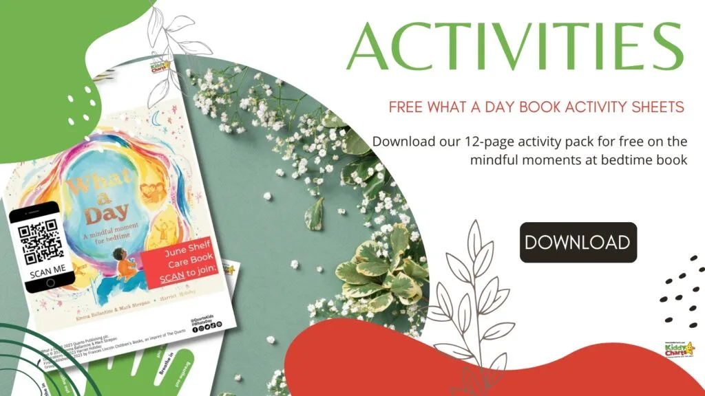 This image is promoting a free activity pack for a book called "What a Day" by Emma Ballantine and Mark Strepan, published in 2023 by Quarto Publishing.