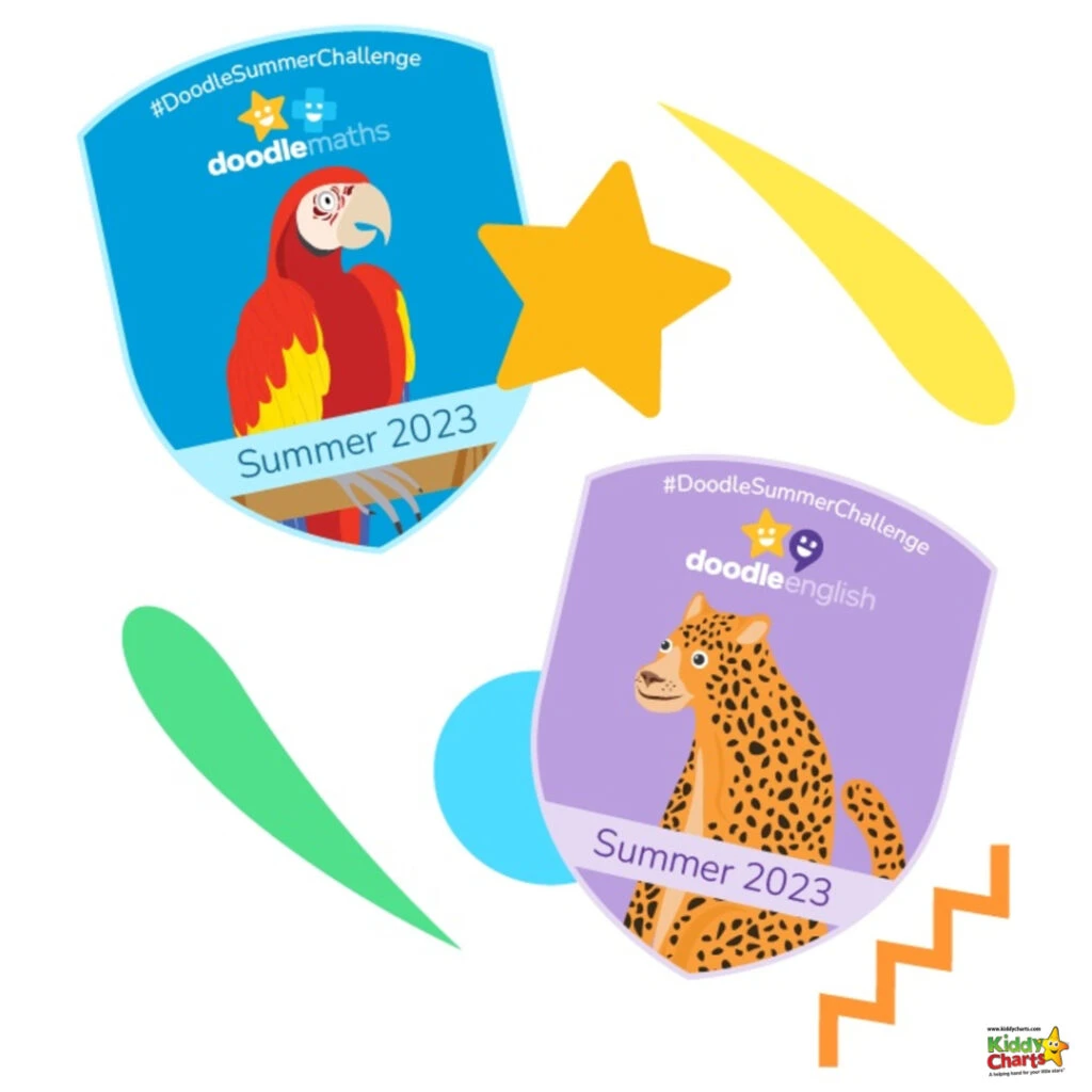 The image is showing a summer challenge for 2023, where children can participate in doodlemaths and doodleenglish activities provided by Kiddycharts to help their little ones.