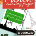 The image is of a French-themed coloring page, which can be downloaded from the website Kiddy Charts to help children with their coloring.
