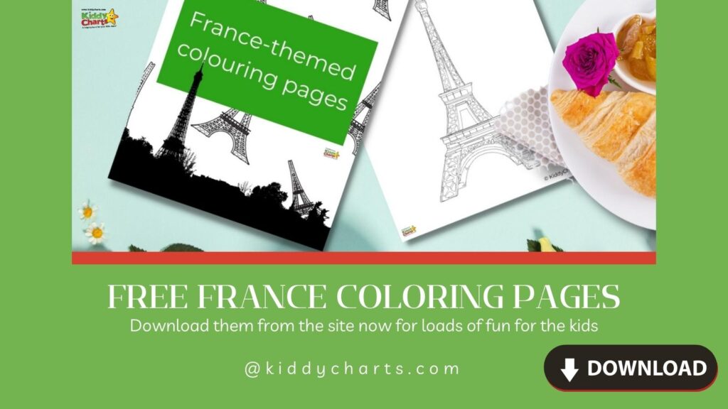 Children are able to download free France-themed coloring pages from KiddyCharts.com for fun.