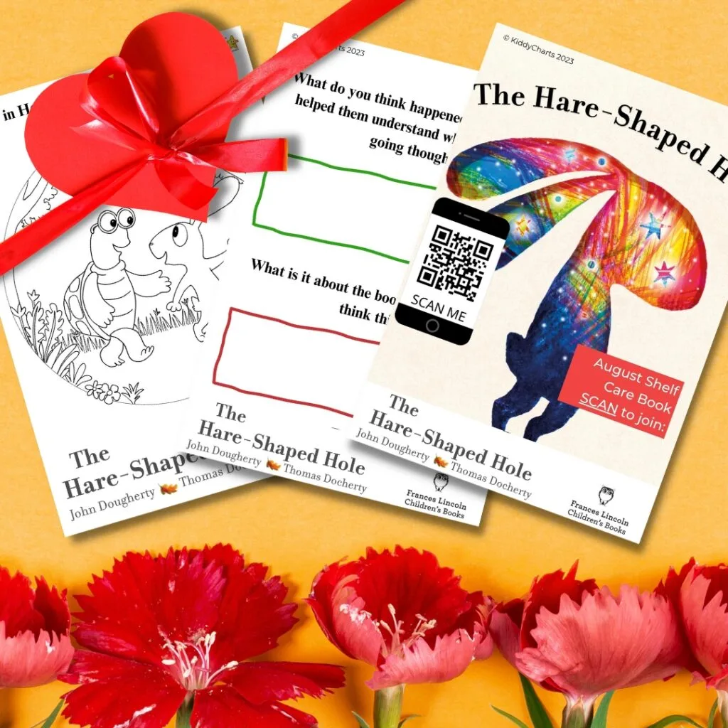 This image is promoting a children's book called "The Hare-Shaped Hole" written by John Dougherty, Thomas Docherty, and Frances Lincoln, and encourages people to scan the QR code to join the discussion about the book.