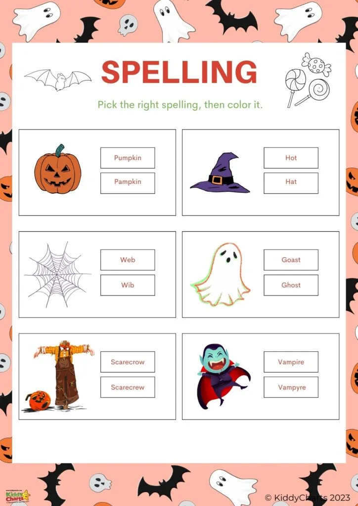 The image shows a spelling activity where the user has to pick the correct spelling of the words and then color it.