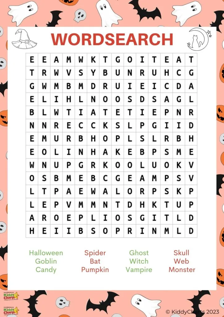 This image is a Halloween-themed word search puzzle featuring words related to the holiday such as "spider," "ghost," and "witch.".