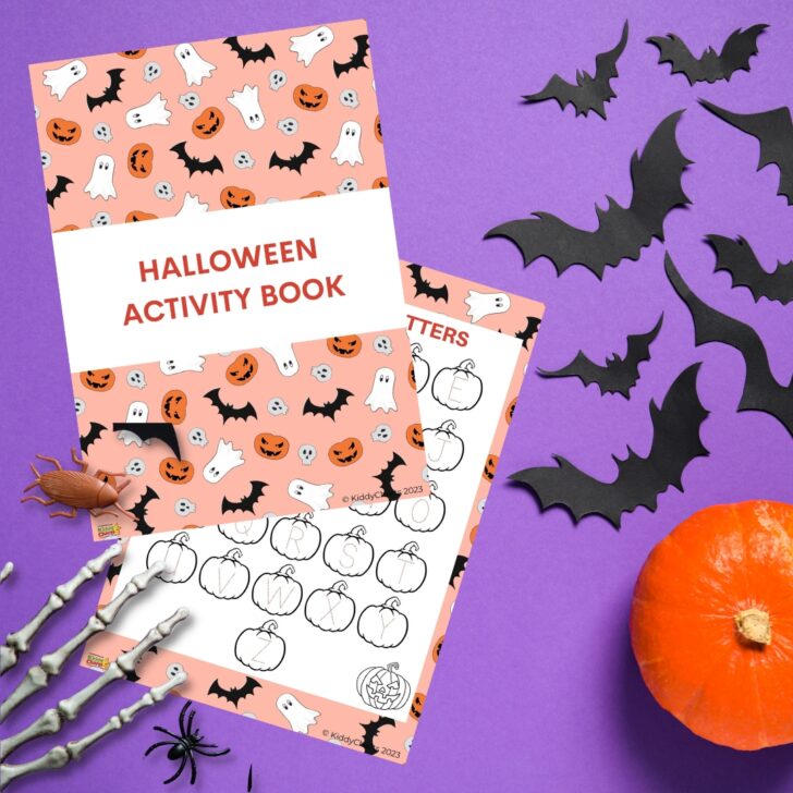 This image is showing a Halloween activity book being sold for $2023 at KiddyChat and KiddyCE.