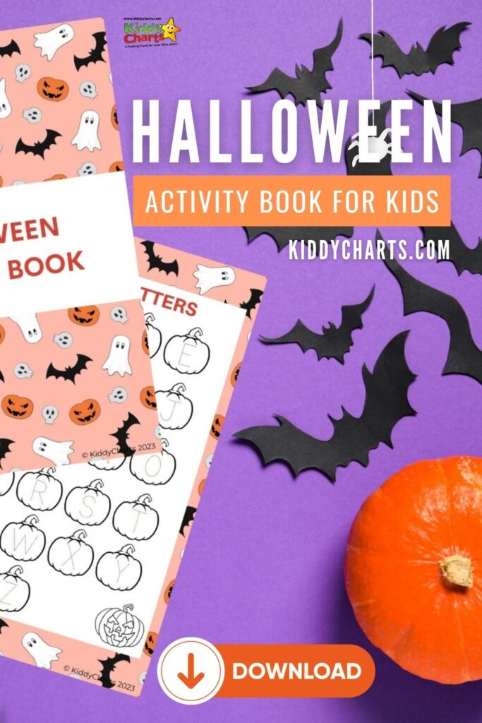 This image is promoting a Halloween activity book for kids from KiddyCharts.com, which can be downloaded for $2023.