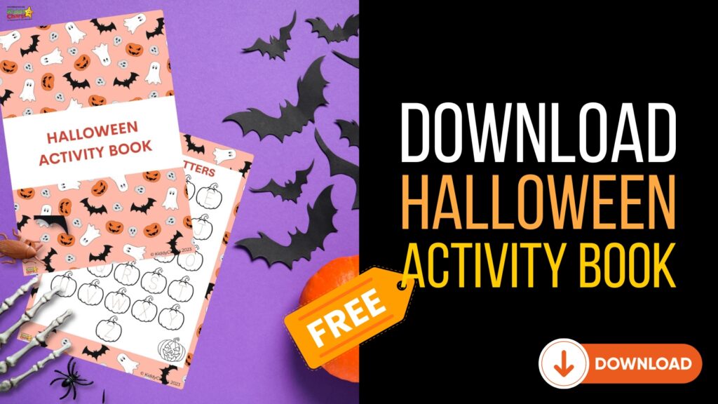 This image is offering a free download of a Halloween activity book from KiddyC in 2023.
