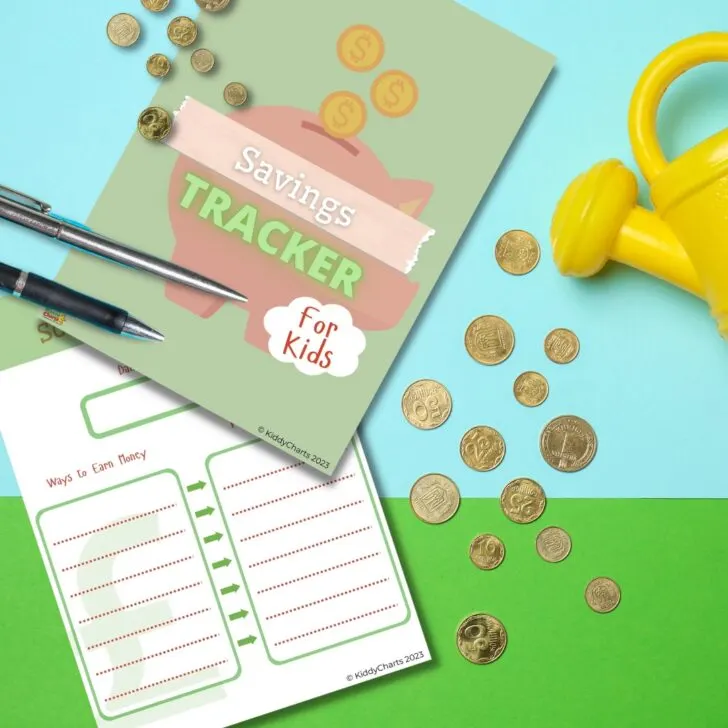 This image is showing a savings tracker for kids to track their money-earning progress at KiddyCharts in the year 2023.