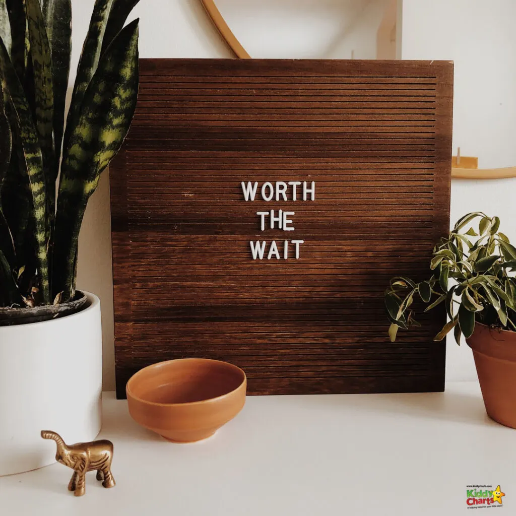 A vase filled with a wooden pot and a houseplant surrounded by text reading "Worth the Wait" sits indoors, adding a touch of greenery and beauty to the room.