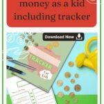 This image is providing information on how to save money as a kid, including a downloadable savings tracker and 2023 ways to earn money.