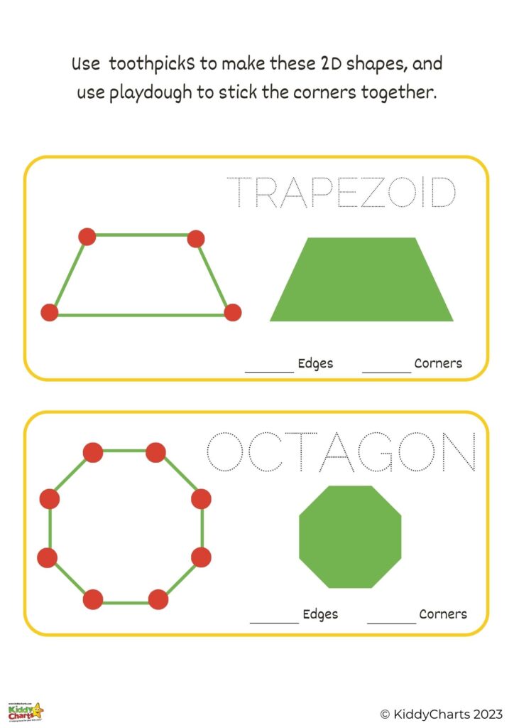 In this image, instructions are provided on how to use toothpicks and playdough to create 2D shapes such as a trapezoid and an octagon.