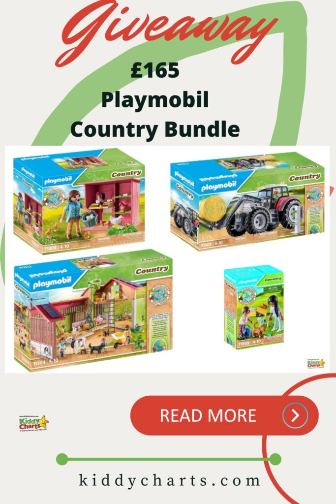 This image is advertising a giveaway of a £165 Playmobil Country Bundle, which includes 29 and 31 pieces of Playmobil Country toys.