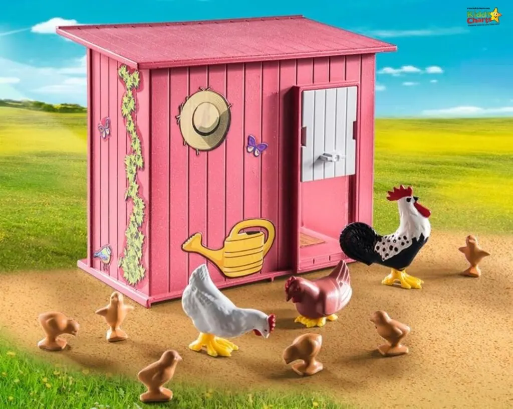 A cartoon chicken stands in a playground surrounded by lush green grass and a bright blue sky.