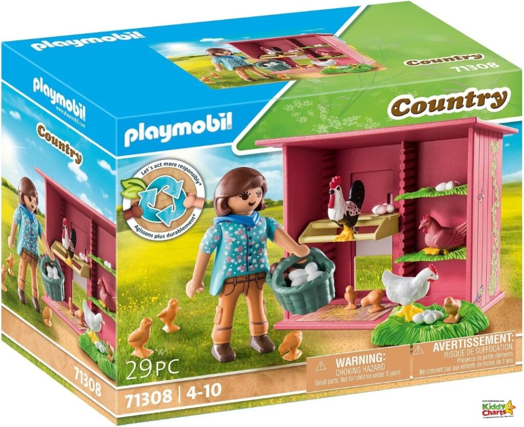 In this image, a Playmobil Country toy is being advertised with a warning that it is not suitable for children under 3 years old due to small parts posing a choking hazard.