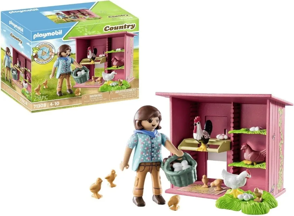 A cartoon person is playing with a LEGO house, dollhouse, playset, and Toy Playmobil Country Country Playmobil Country 71308, consisting of 29 pieces, with a warning of choking hazard.