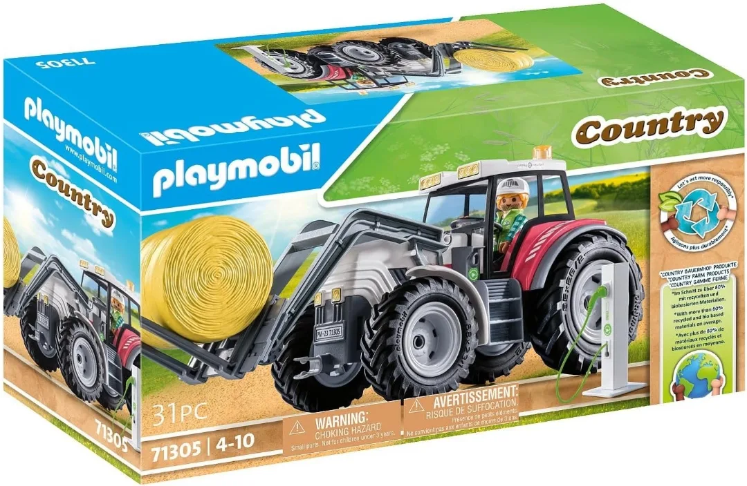 A LEGO tractor with a textured tire tread is featured in the image, showcasing Playmobil's commitment to sustainability with recycled and biobased materials.
