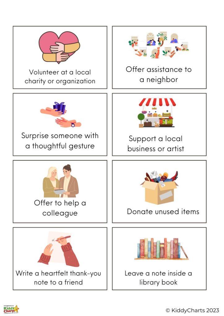 In this image, Kiddy Charts is providing a list of ways to help others in the community.