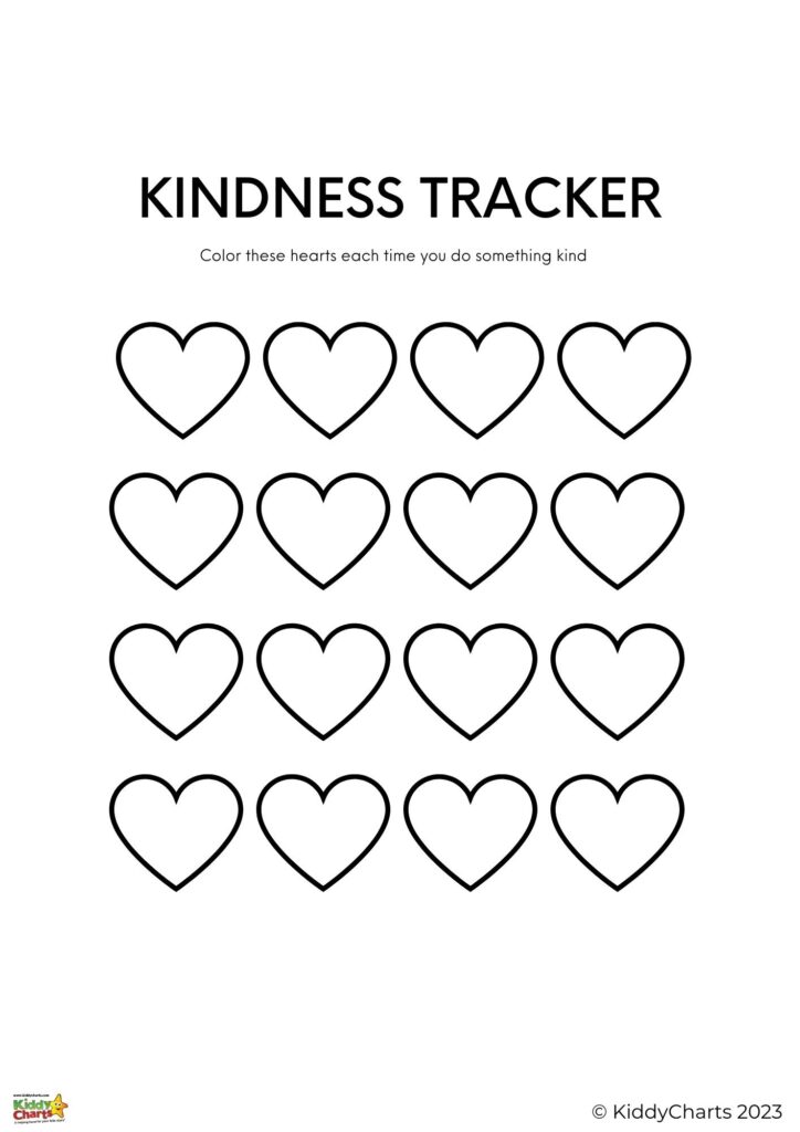 This image is promoting an online kindness tracker that encourages people to do kind acts and track them by coloring in hearts.