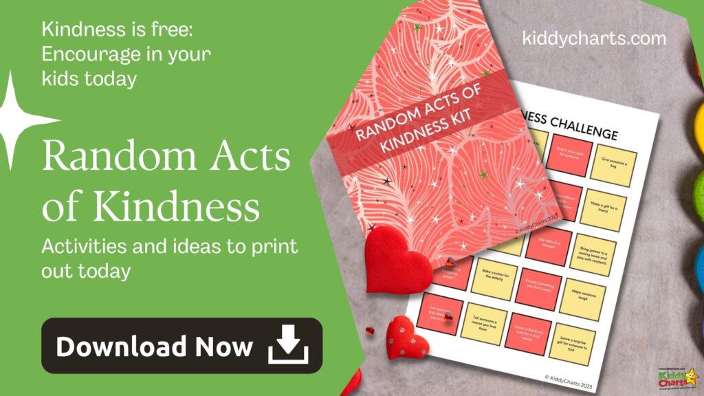 This image is promoting random acts of kindness by providing ideas and activities to encourage kindness in children.