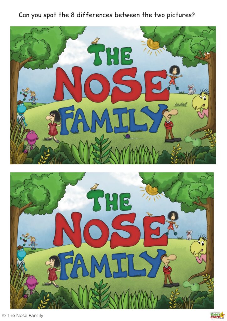 The image shows two pictures of a family, with the goal of finding 8 differences between the two.