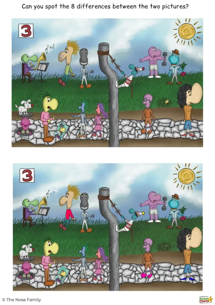 In this image, two pictures are being compared and the viewer is asked to identify the eight differences between them.