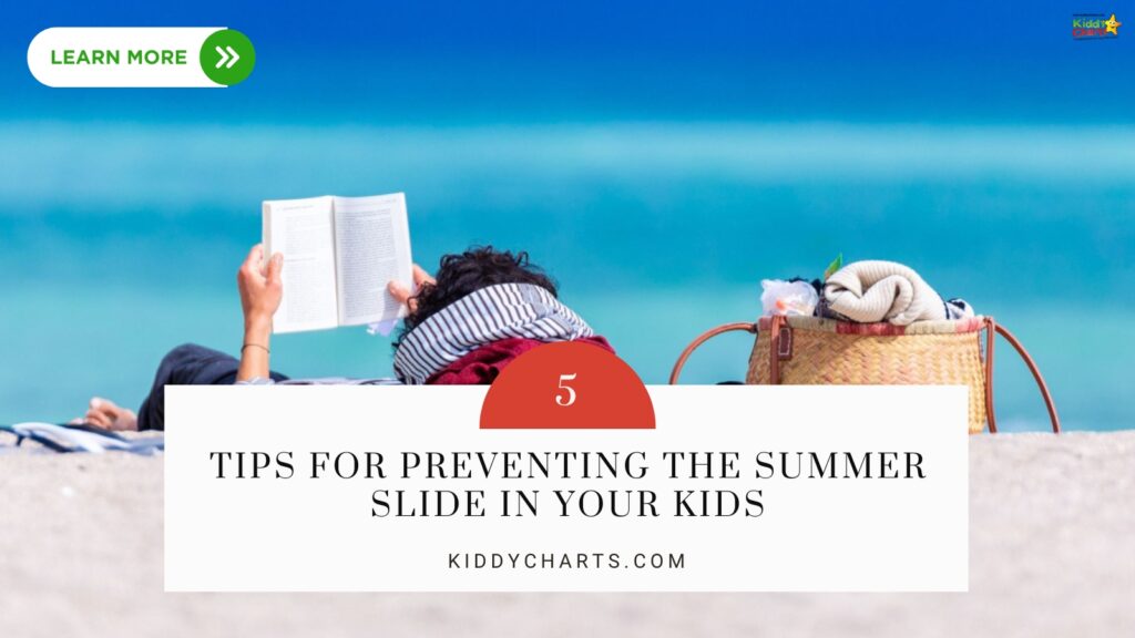 This image provides five tips for parents to help prevent their children from regressing academically during the summer months.