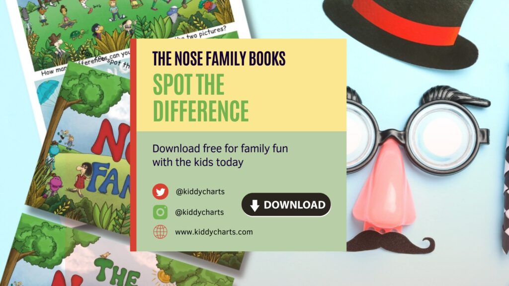 In this image, a family is being encouraged to download a free game from Kiddycharts.com to play with their kids and spot the differences between two pictures.