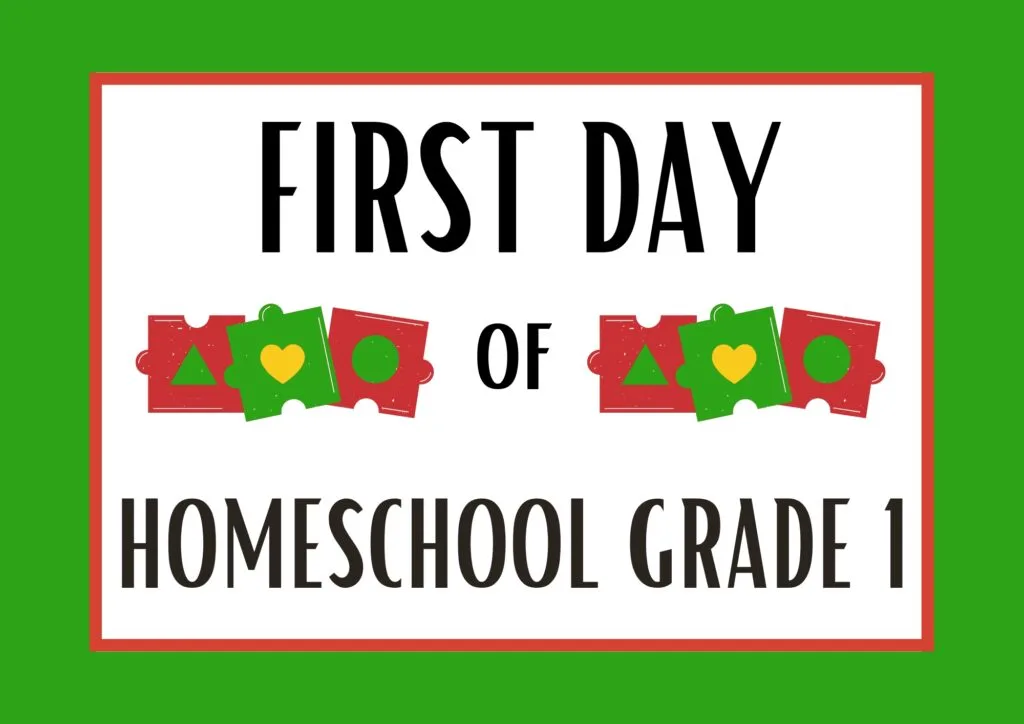 The image shows a child starting their first day of homeschooling for Grade 1.