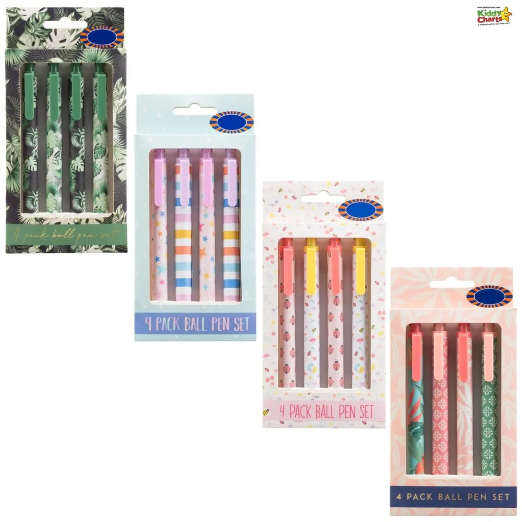 This image is advertising a four pack set of ballpoint pens from Kiddy Charts.