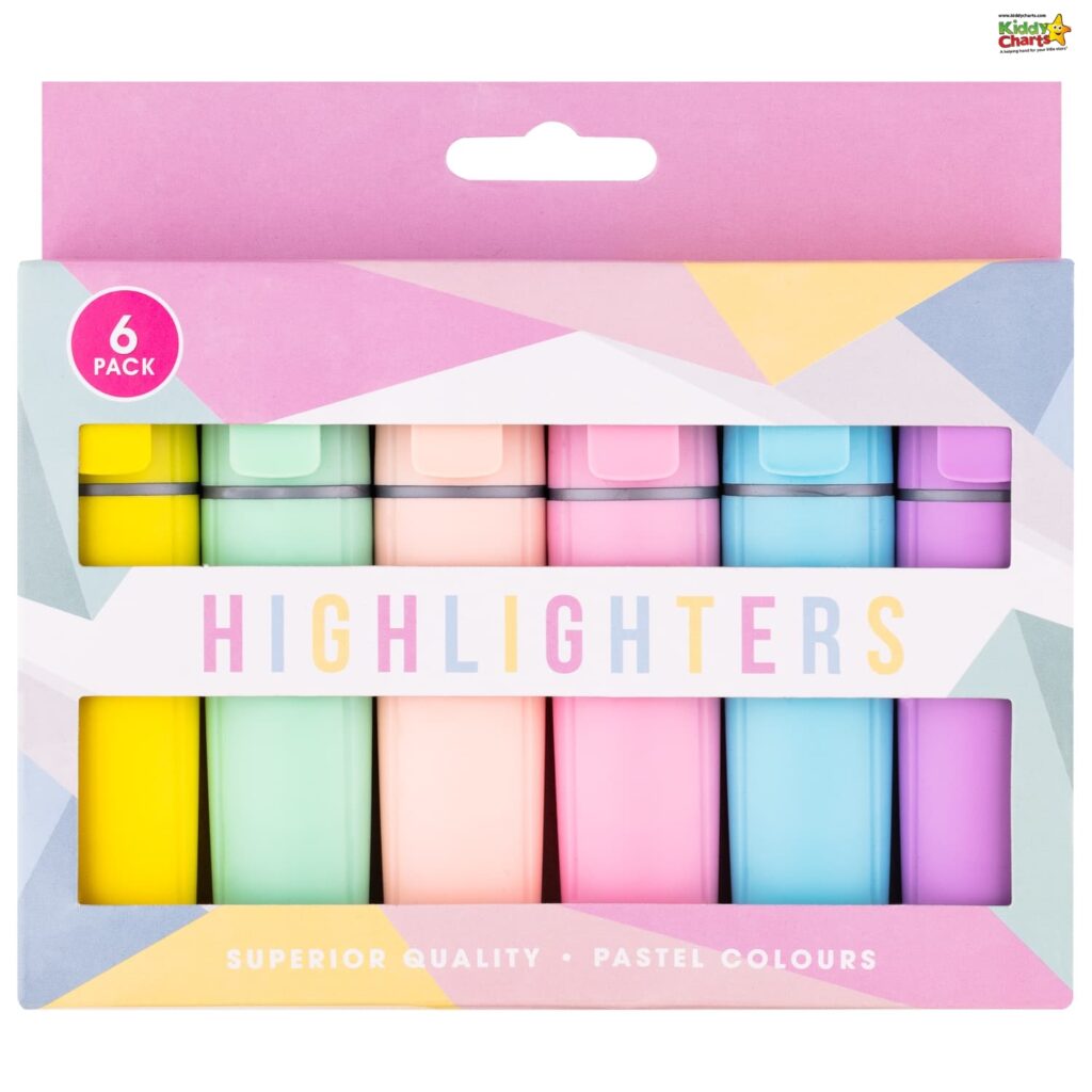 This image is advertising a 6-pack of highlighters with superior quality and pastel colors from the website Kiddy Charts.
