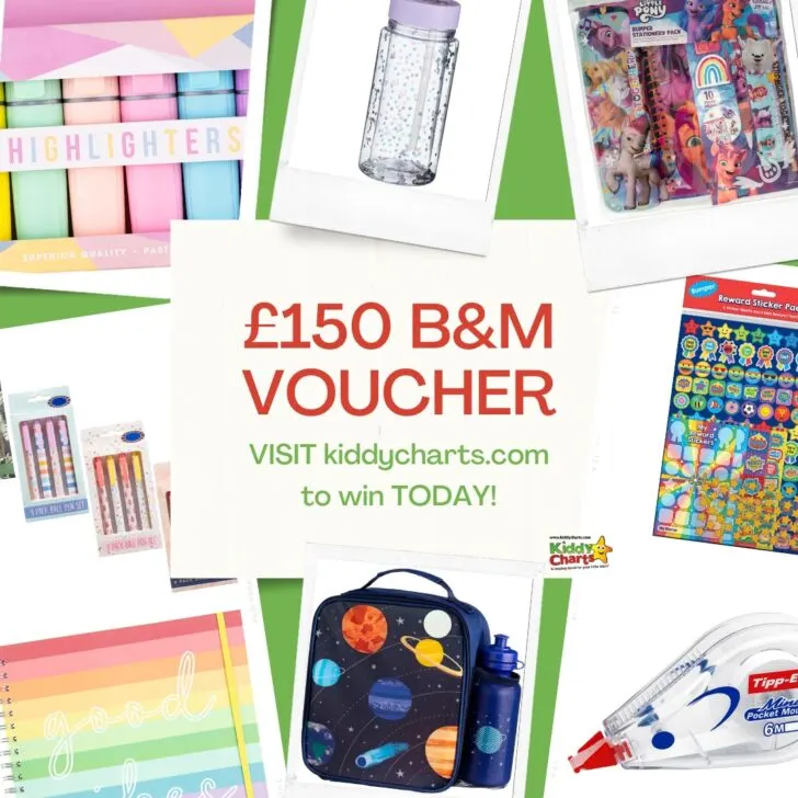 This image is promoting a reward sticker from Kiddy Charts, offering a chance to win a prize by visiting their website and purchasing a stationery pack with 10 highlighters, 4 ball pens, and 9 ball pen sets for £150.
