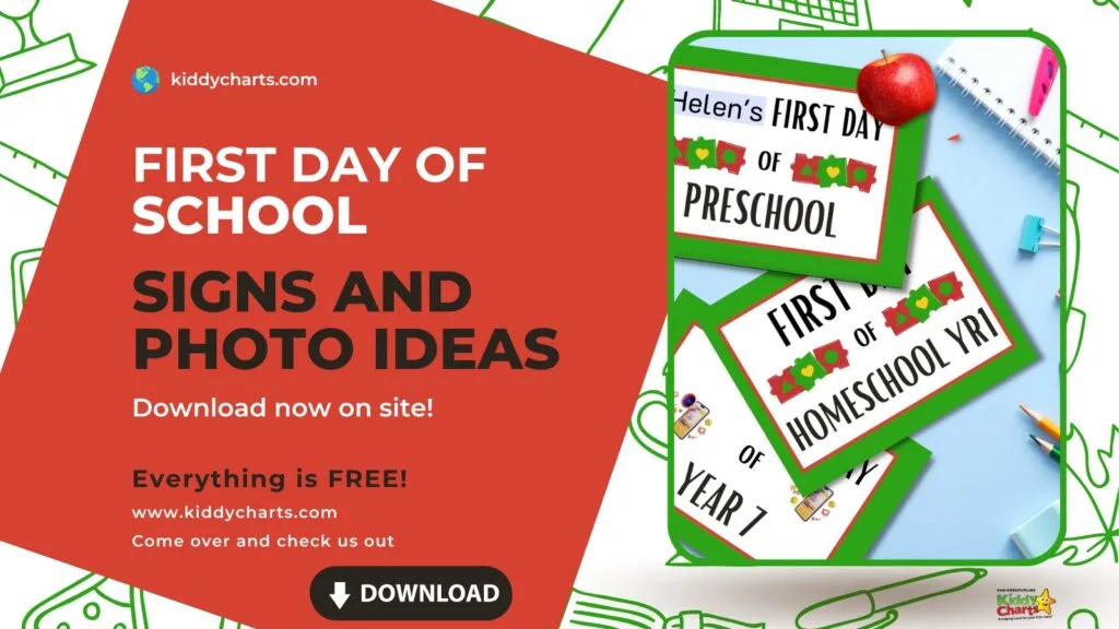 This image is promoting Kiddy Charts, a website offering free downloads for parents to help their children celebrate their first day of school or homeschool year.