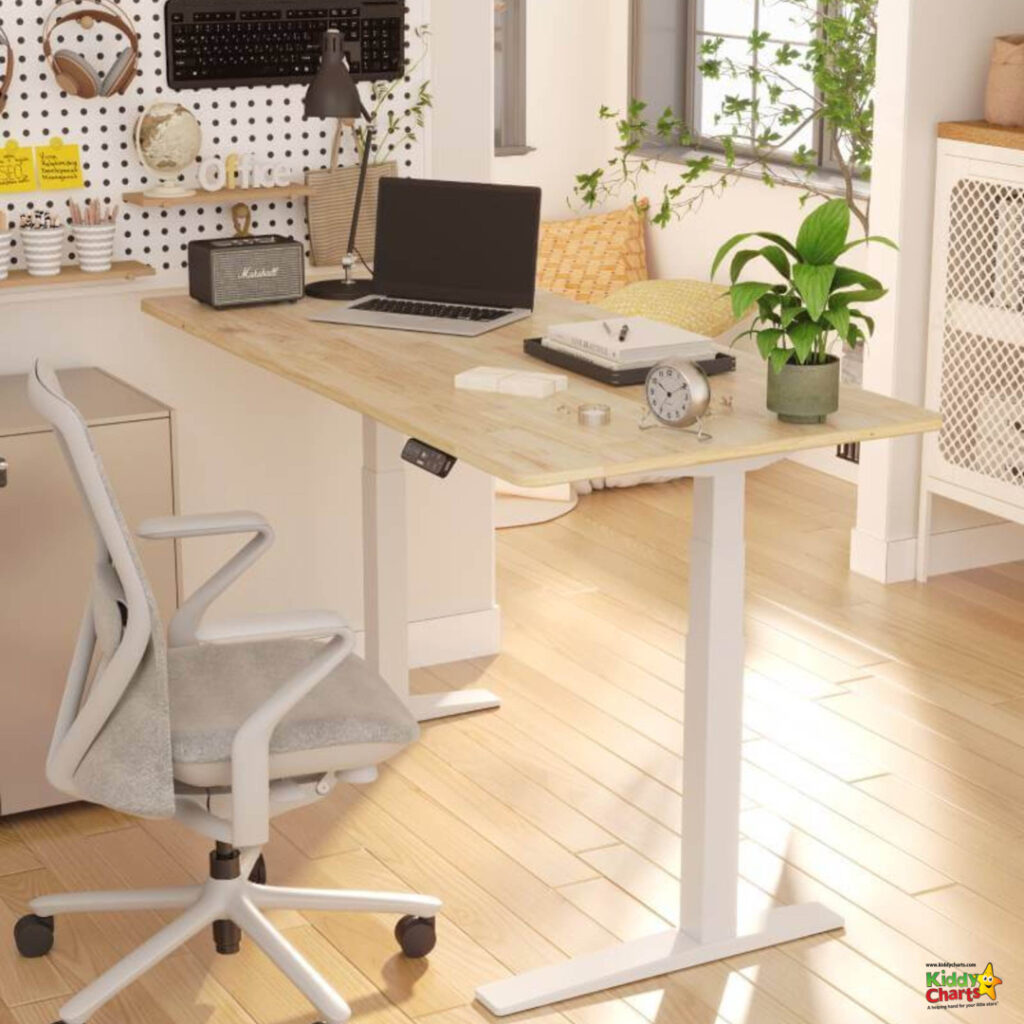 A home office is designed with a computer desk, writing desk, office chair, computer monitor, vase, table, and houseplant to create a productive and comfortable workspace.