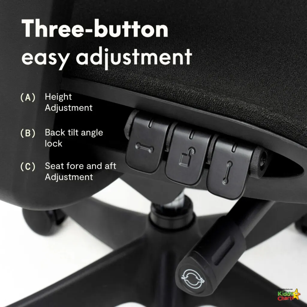 The image shows a chair with three buttons that can be used to adjust the height, back tilt angle, and seat fore and aft of the chair.