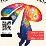 In this image, people are being encouraged to scan a QR code to join a program related to the book "The Hare-Shaped Hole" by John Dougherty, Thomas Docherty, and Frances Lincoln Children's Books.