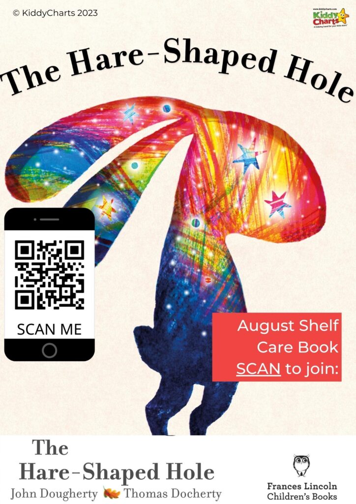 In this image, people are being encouraged to scan a QR code to join a program related to the book "The Hare-Shaped Hole" by John Dougherty, Thomas Docherty, and Frances Lincoln Children's Books.
