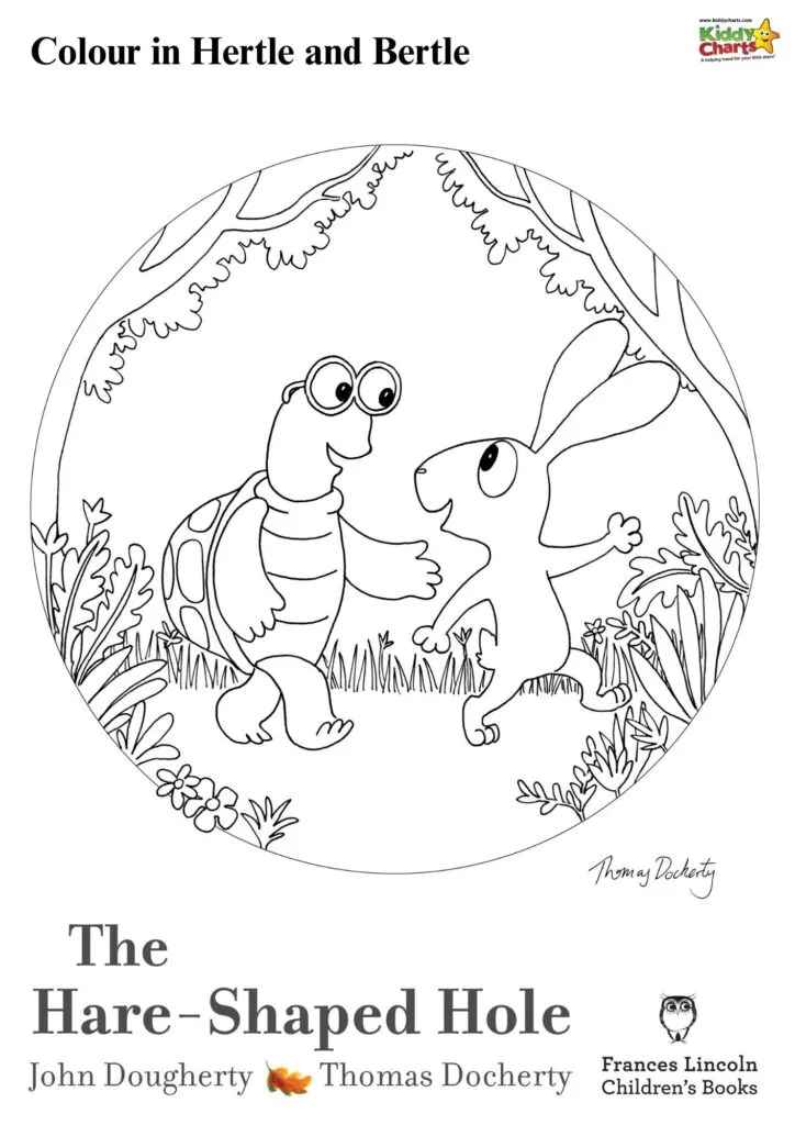 Two children are coloring in a picture of two characters, Hertle and Bertle, from the book "The Hare-Shaped Hole" by John Dougherty.