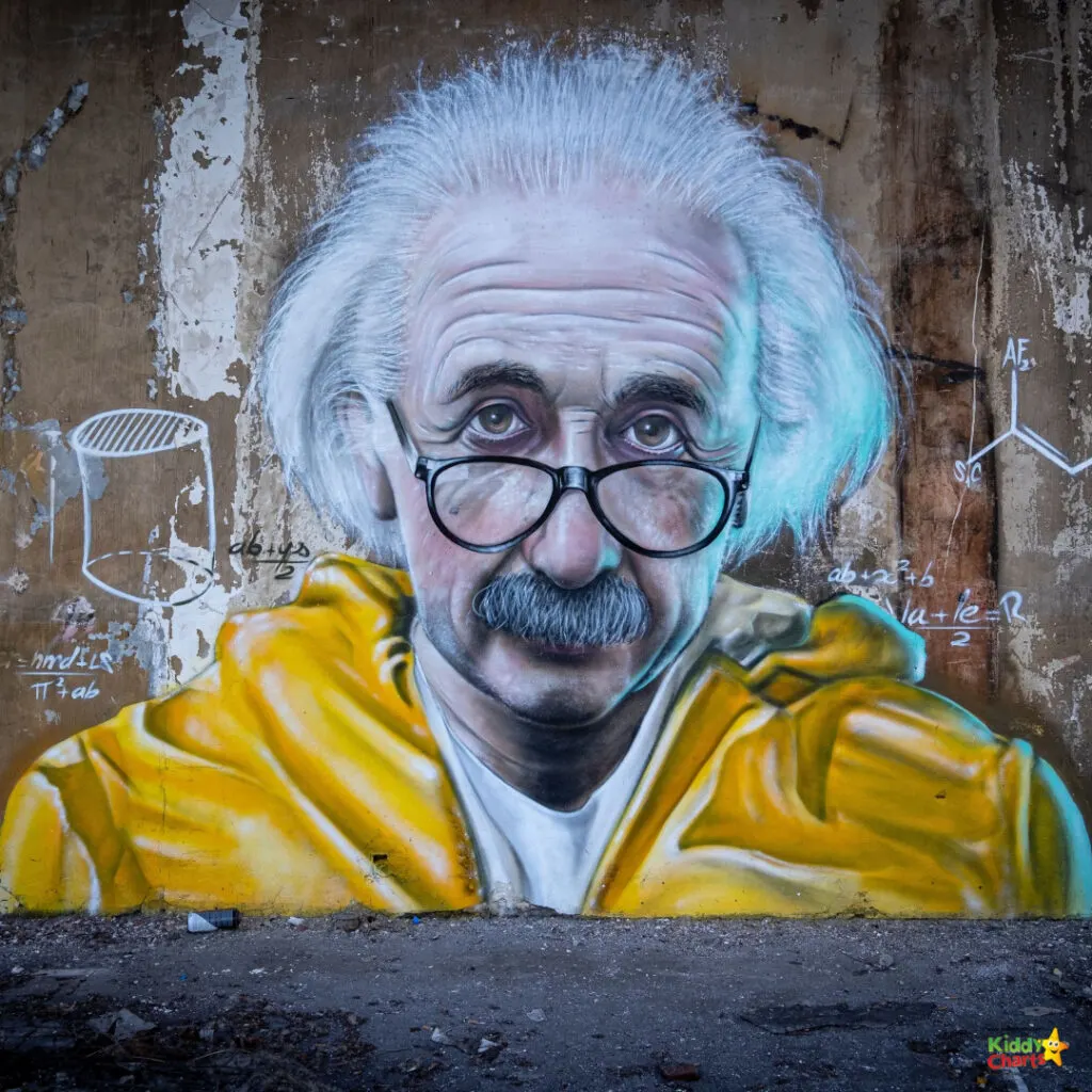 A person with a human beard and wrinkles is wearing a yellow portrait painted with graffiti and street art.