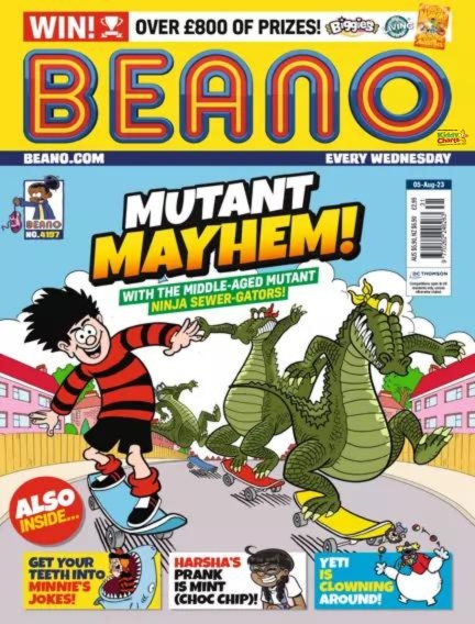 People are competing to win over £800 worth of prizes in the Beano Beanocom every Wednesday by playing Mutant Beano No.4107 Mayhem with the Middle-Aged Mutant Ninja Sewer-Gators.