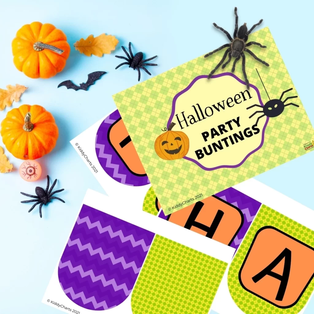 The image is of a banner with the words "KiddyCharts 2021 Halloween Party Buntings" for a Halloween party hosted by KiddyCharts in 2021.